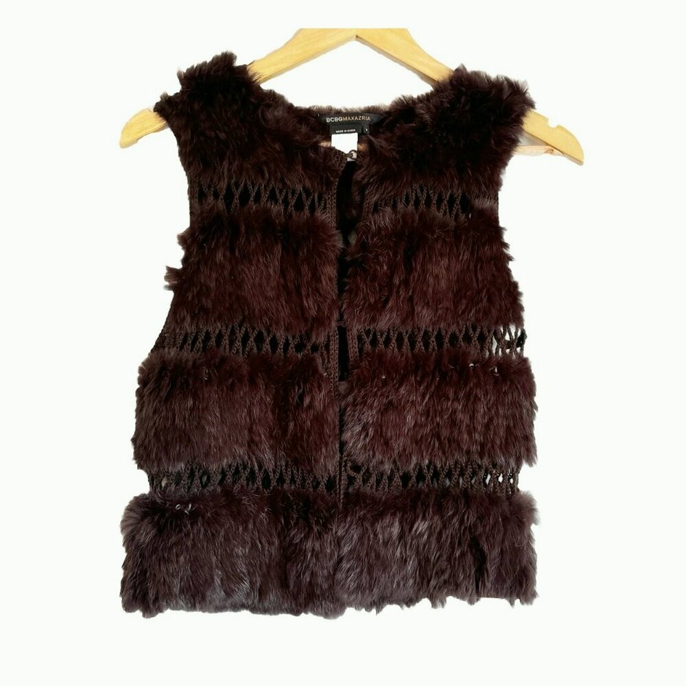 BCBGMAXAZRIA Brown Rabbit Fur Knit Panel Vest Women’s Small Quiet Luxury